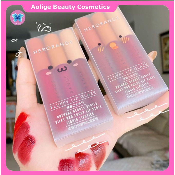 Son nội địa trung quốc 💕𝑭𝒓𝒆𝒆𝒔𝒉𝒊𝒑💕 Set 3 cây son kem lì Herorange Fluffy Lip Glaze - son dưỡng môi chính hãng có màu A&B.