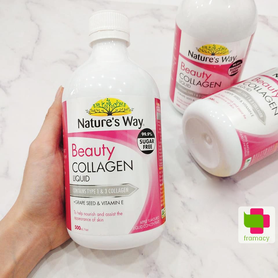 Nature's Way Beauty Collagen Shot thủy phân (10x50ml)/Collagen Liquid dạng nước (500ml), Úc có hạt nho và vitamin E