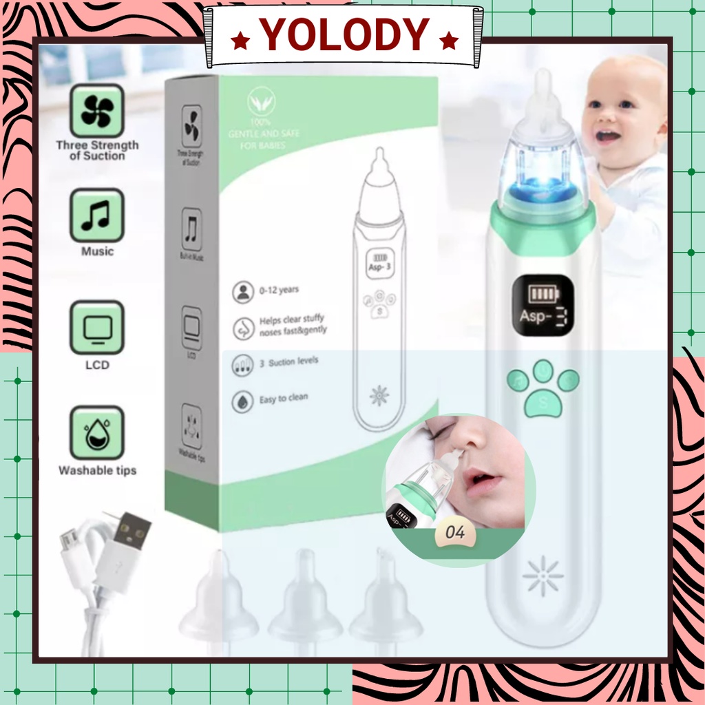 Máy hút mũi Yolody thích hợp cho trẻ từ 0-12 tuổi 3 mức có thể điều chỉnh 3 đầu phun thay thế có nhạc và đèn có thể sạc