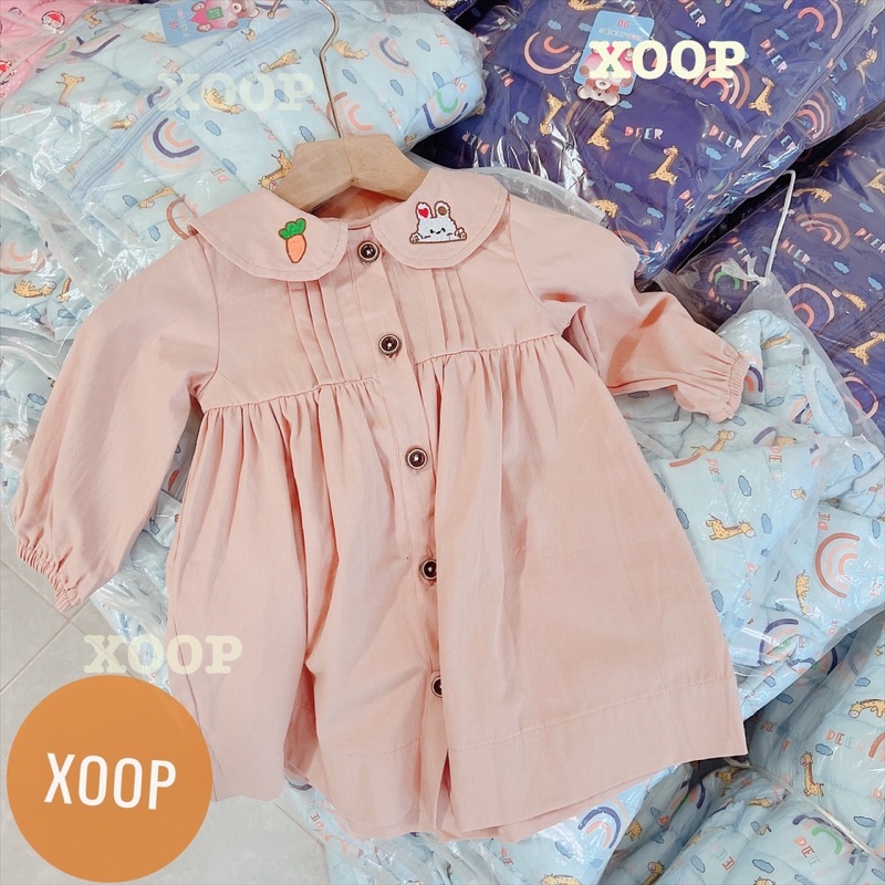 Áo khoác váy cổ sen - Áo khoác chất thô kaki thêu họa tiết thỏ- cà rốt cho bé gái- A5