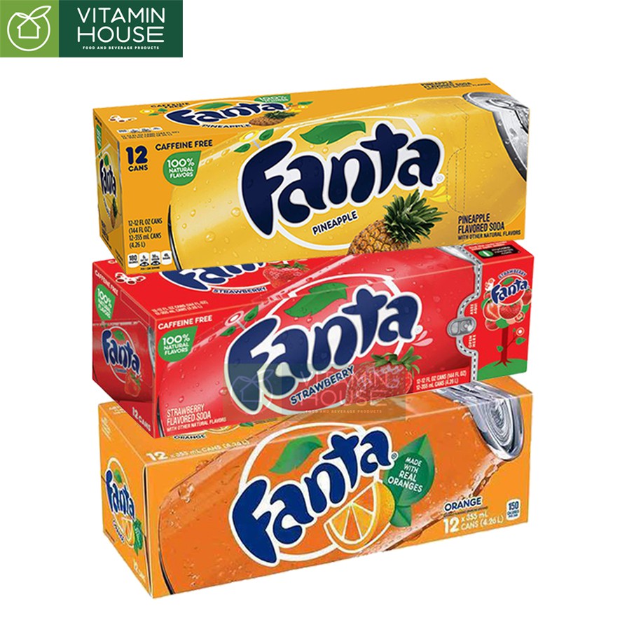 Thùng 12 lon Nước ngọt có ga Fanta Mỹ 355ml Vị Dâu Cam Dứa [VITAMIN HOUSE]