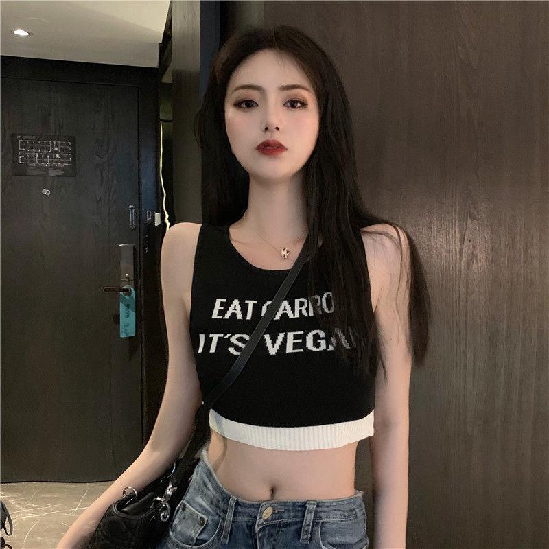 Áo Croptop Dệt Kim Thêu Chữ Thời Trang Cho Nữ