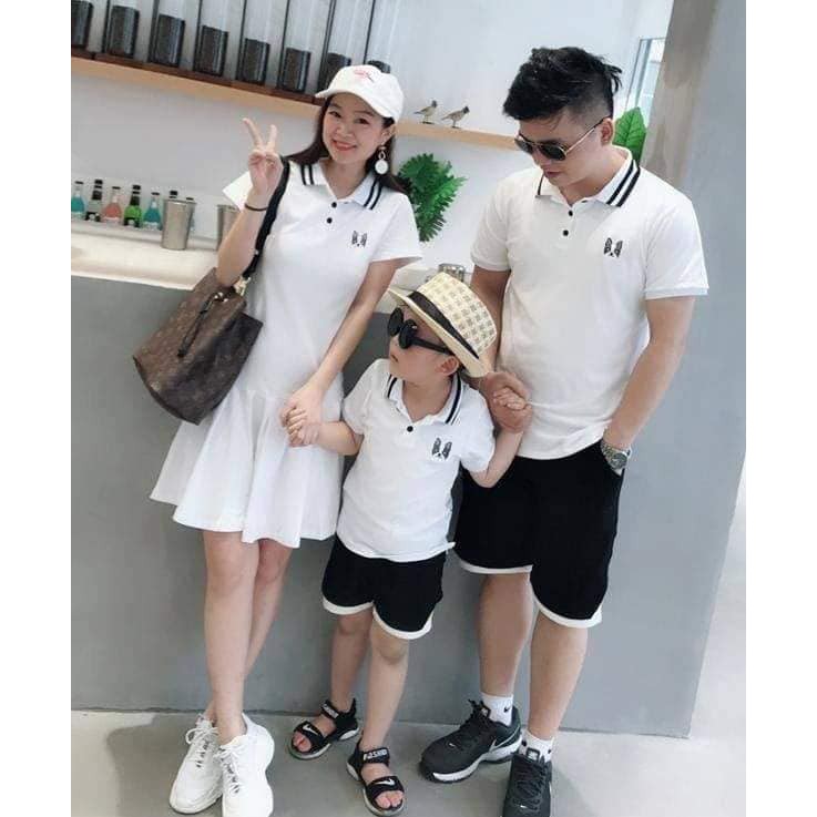 Đồ gia đình - Set áo váy thun gia đình có cổ màu trắng thêu hình đẹp AG23  YAME Couple