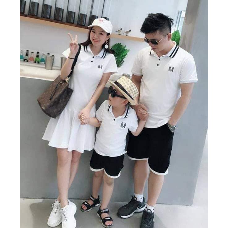 Đồ gia đình - Set áo váy thun gia đình có cổ màu trắng thêu hình đẹp AG23 (có ảnh thật) YAME Couple