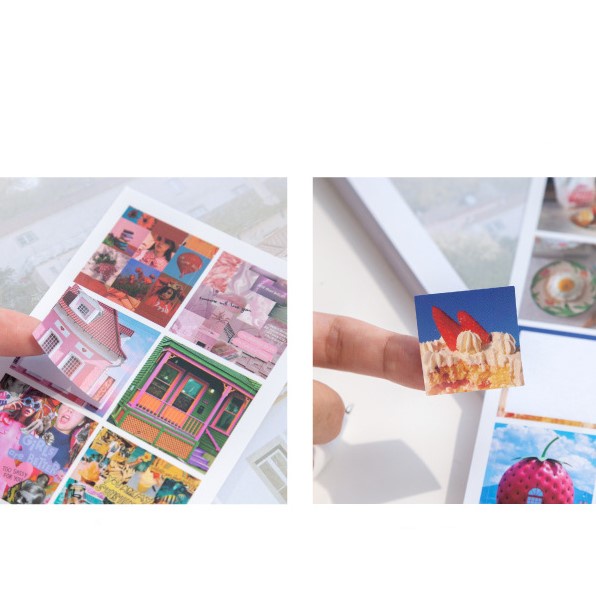 Set 8 sticker retro hoa và lá, bánh ngọt, phong cảnh bầu trời, kẹo nhiều màu sắc trang trí nhật ký, sổ tay, DIY