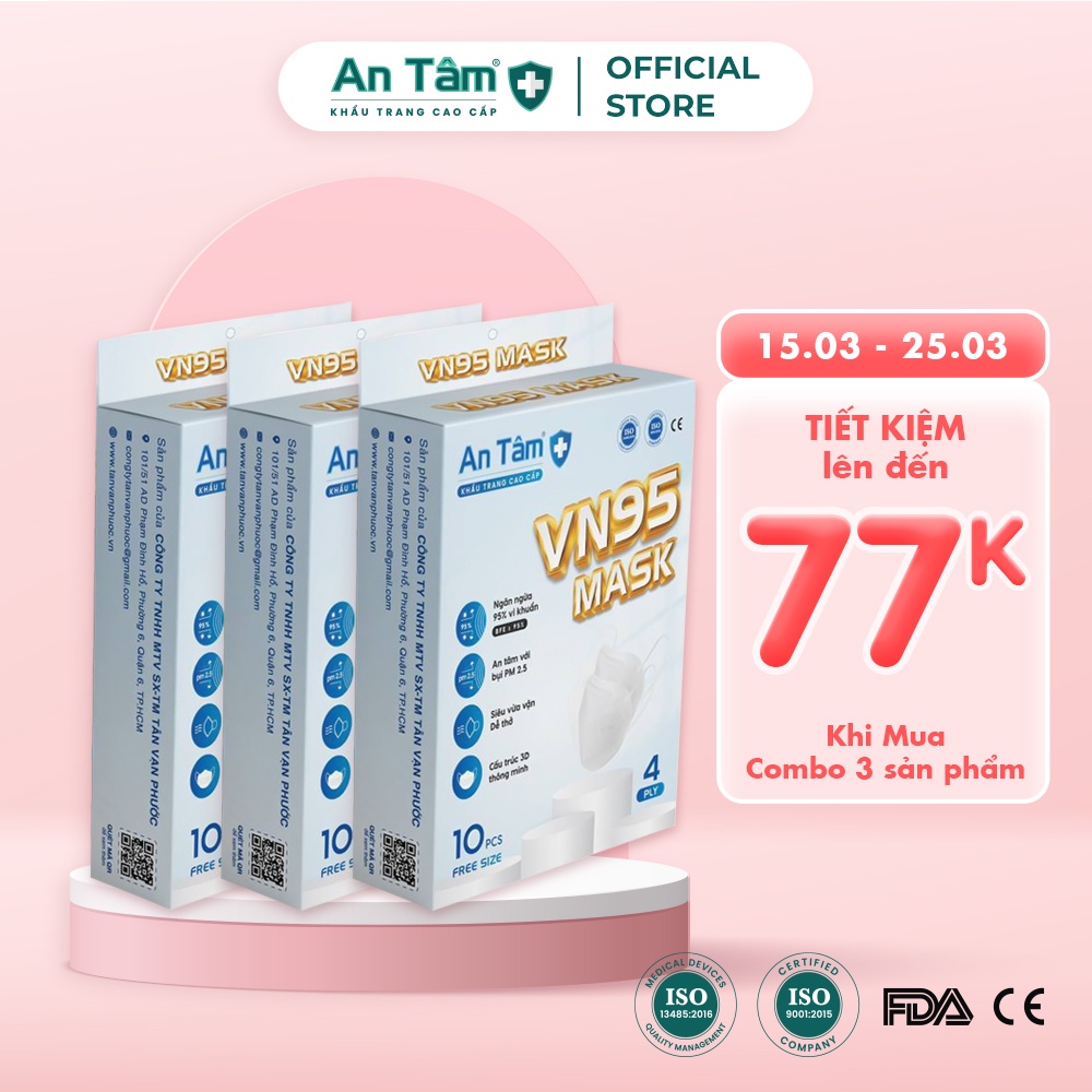 Combo 3 hộp khẩu trang y tế kháng khuẩn VN95 Chính Hãng AN TÂM - Hộp 10 cái