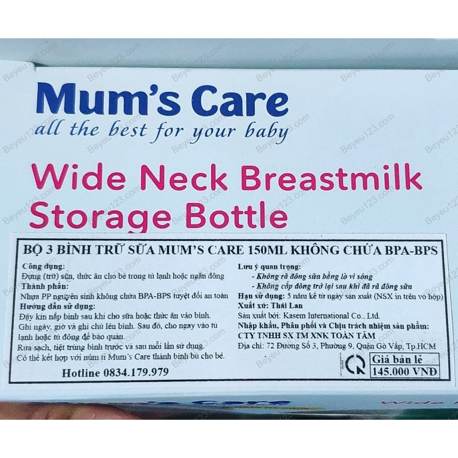 Bộ 3 Bình Trữ Sữa Mẹ Cổ Rộng 150ml Mum's Care Không BPA &amp; BPS - Thái Lan