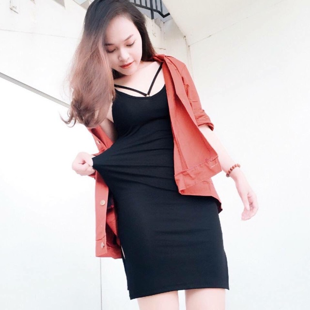 Váy thun 2 dây body, 2 màu đen và xám