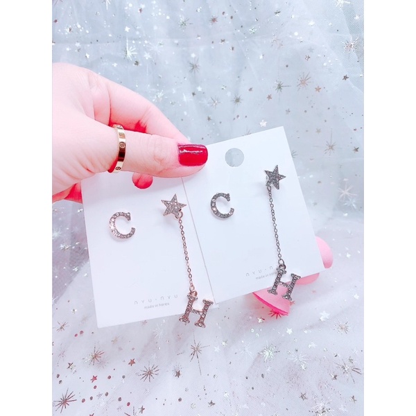 bông tai c h đối xứng sang chảnh, khuyên tai ngắn dài phong cách hàn quốc