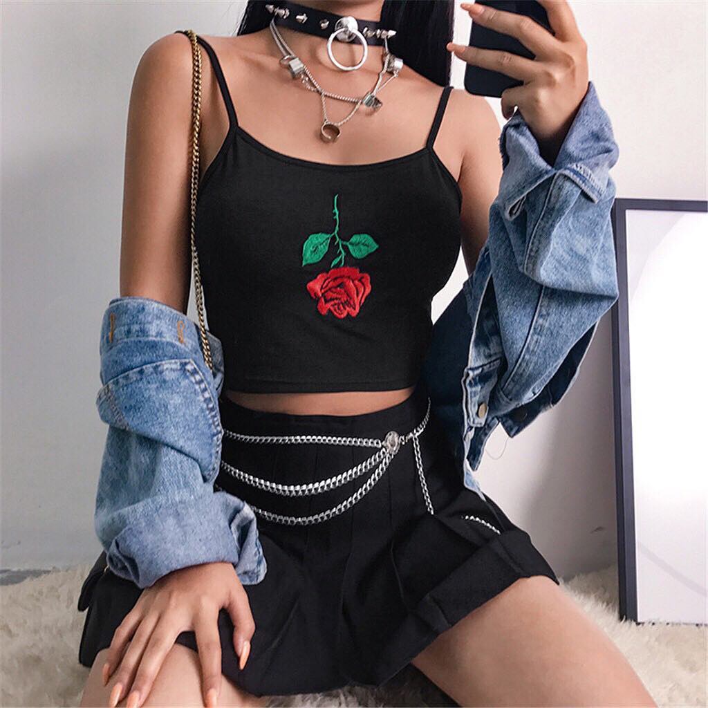 áo 2 dây croptop thêu hoa hồng đỏ thời trang nữ cá tính