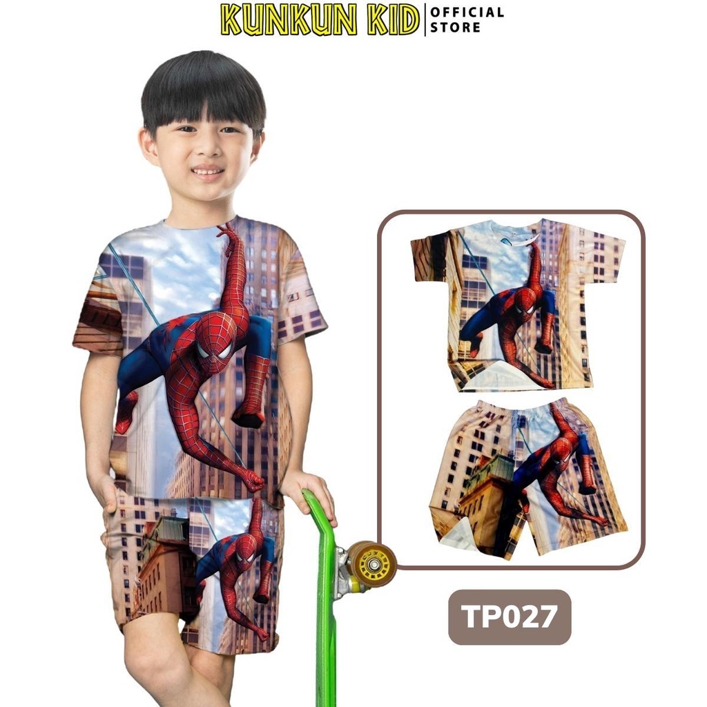 Quần áo trẻ em hình người nhện spiderman, đồ bộ bé trai chất thun lạnh size từ 10-40kg Kunkun Kid TP027
