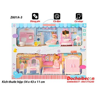 Mô hình nhà búp bê Z601A-3 - Dùng pin, có đèn, nhạc - Phòng ngủ + Phòng tắm + 2 búp bê