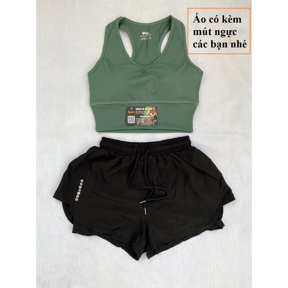 Bộ tập gym nữ, đồ tập gym aerobic nữ chất đẹp thấm hút mồ hôi tốt bra cổ tim kết hợp quần đùi 2 lớp