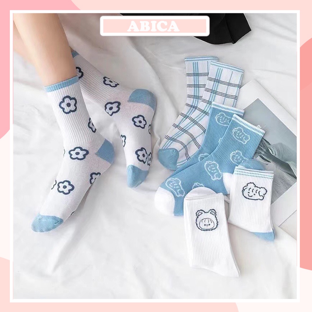 Tất cổ cao in hình bông hoa vớ chân dài nữ style Hàn Quốc trẻ trung mẫu mới nhiều kiểu dáng tone xanh dương ABICA TD027