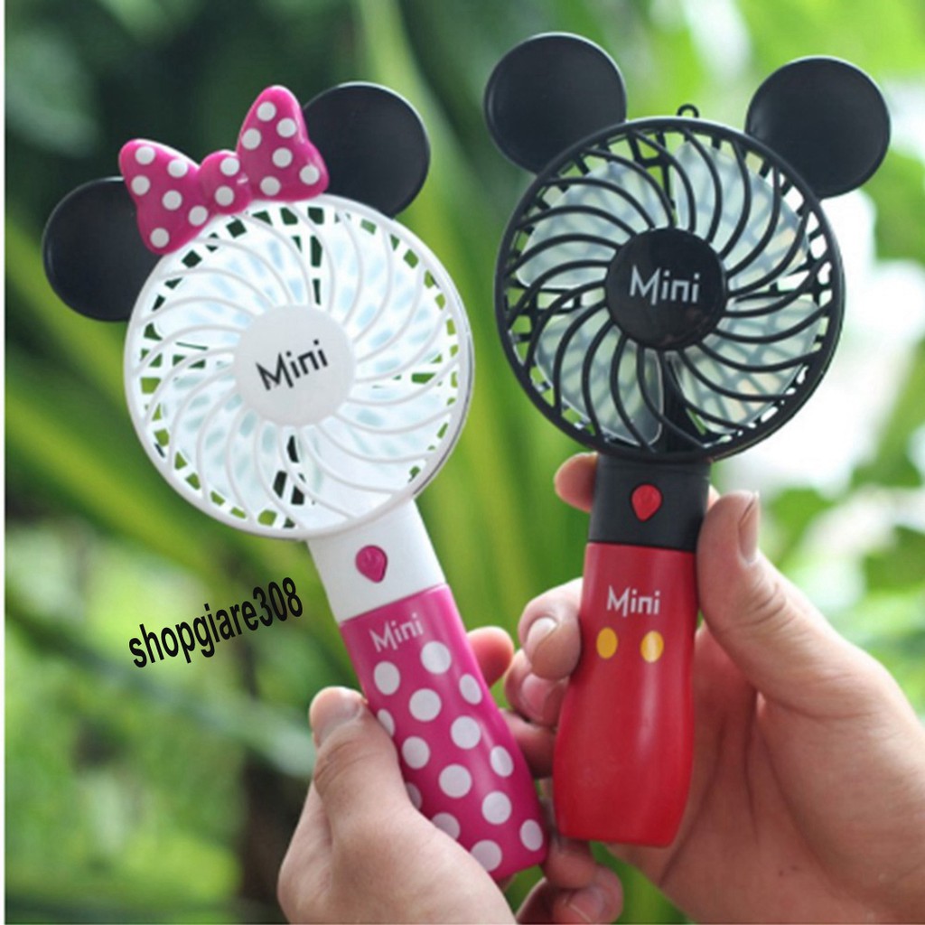 (hàng đã về) Quạt hoạt hình Mickey Minnie dễ thương Quạt USB cầm tay mini mang đèn có dây đeo mang thể sạc lại 3 chế độ