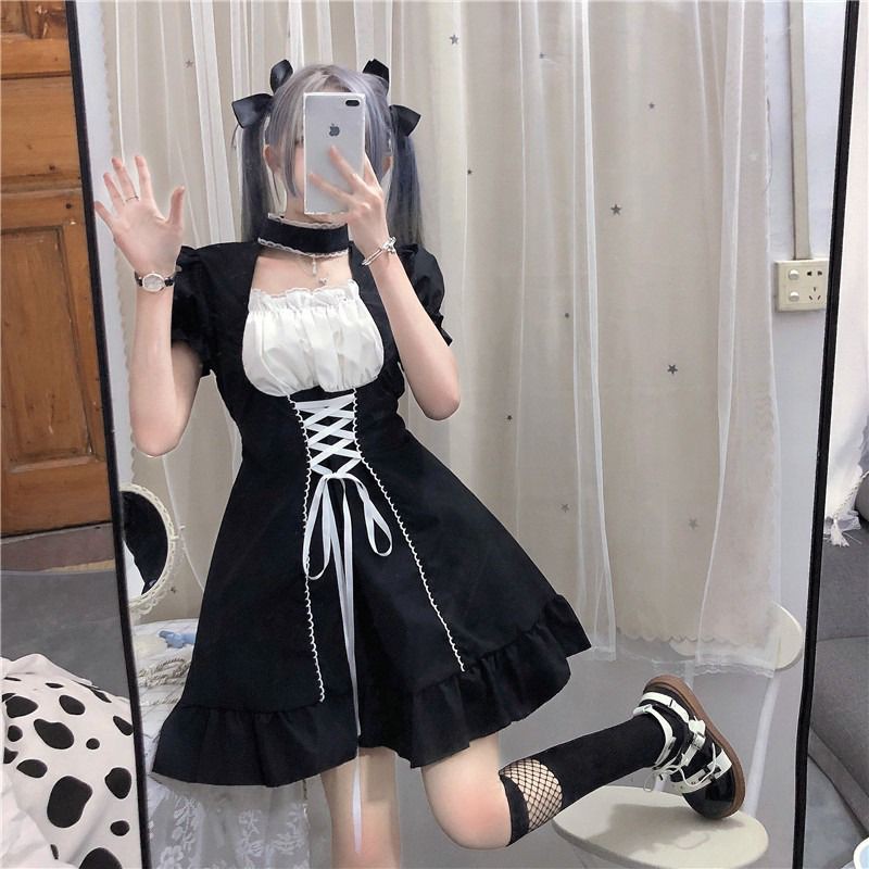 [Order] (L3) Váy đầm Gothic Lolita Lolita đan nơ dáng xòe loại đẹp màu đen