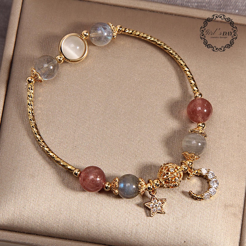 Vòng tay hạt pha lê đèn mặt trăng lắc tay Vòng Tay Chuỗi Hạt Pha Lê Mặt Trăng Đá ánh đá Vòng tay Hạt vòng tay Band Band Vòng đeo tay pha lê dâu tây