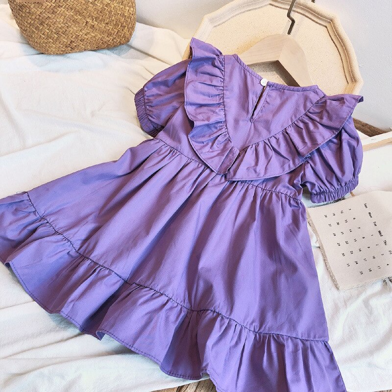 Thời trang Trẻ em 2-6 tuổi Cô gái Mùa hè Xù phồng Ngắn tay áo Váy màu tím ngọt ngào Quần áo
