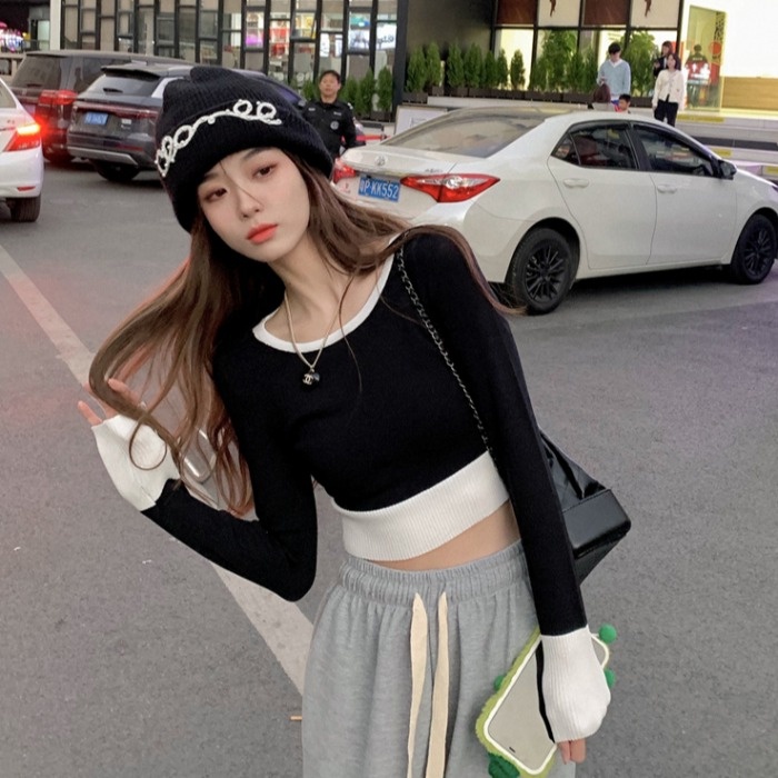 Áo ZHELIHANGFEI dệt kim tay dài hở eo quyến rũ trẻ trung hợp thời trang cho nữ