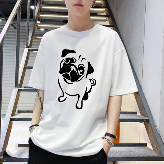 Áo thun cotton, áo thun Unisex trắng LUXCI tay lỡ cổ tròn in hình chó Pug đáng yêu