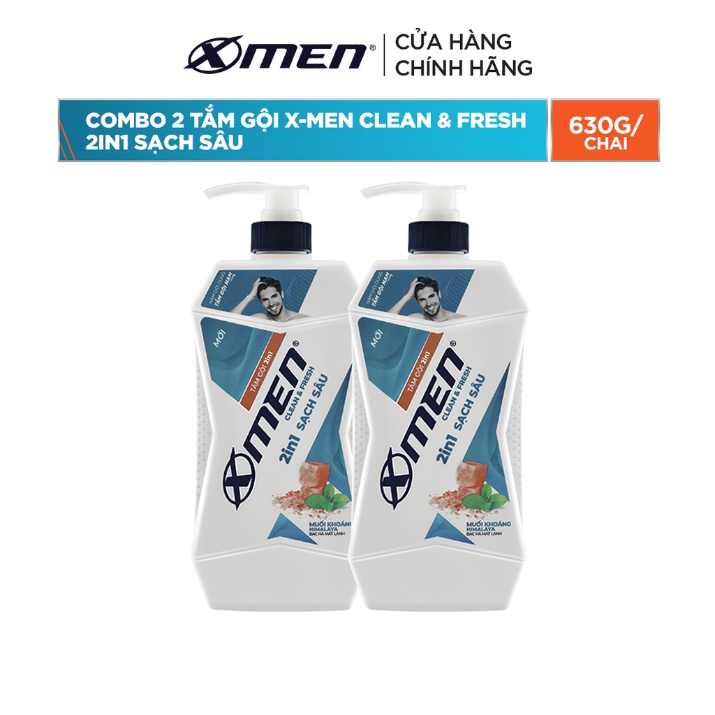 Combo 2 Tắm Gội X-Men Clean &amp; Fresh 2in1 Sạch Sâu 630g/chai