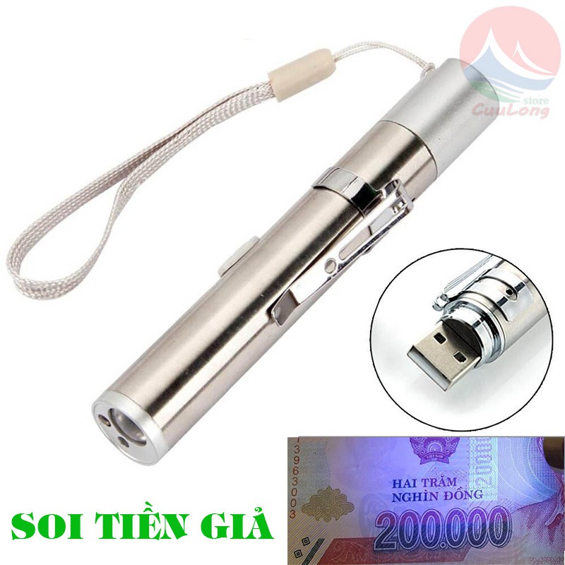 Đèn Pin Đa Năng Kiêm Laser Siêu Sáng Soi Tiền Giả, Có Sạc Pin, Chất Liệu Thép Không Gỉ Bỏ Túi