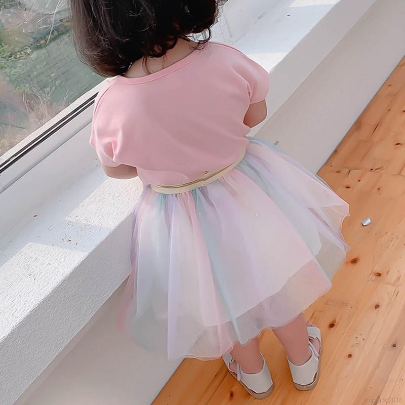 MYBABY Baby Girls Cartoon Print Flashing Shiny Top + Rainbow Gauze Skirt Suit