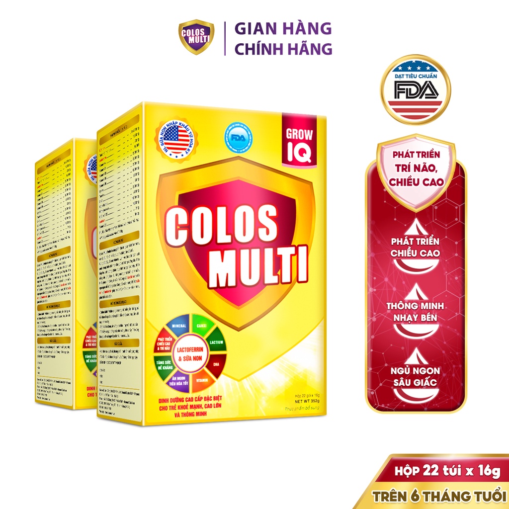 [COLOS03  -10% đơn 600K]C ombo 2 hộp Sữa non Colosmulti IQ hộp 22 gói x 16g phát triển chiều cao, trí thông minh