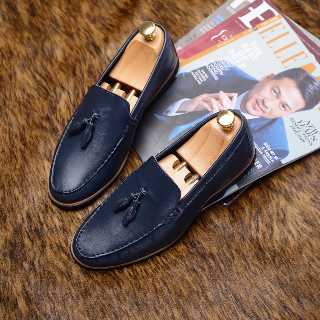 Giày lười nam Tassel Loafer da lì, họa tiết chuông màu xanh rêu