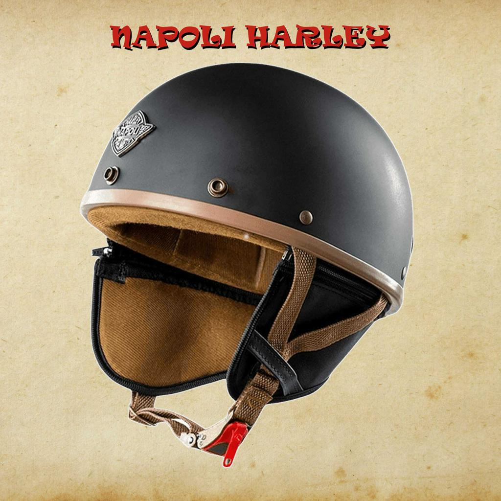 Mũ bảo hiểm phượt 1/2 đầu Napoli Haley cao cấp - Màu Đen Nhám - Freesize 55-58 cm