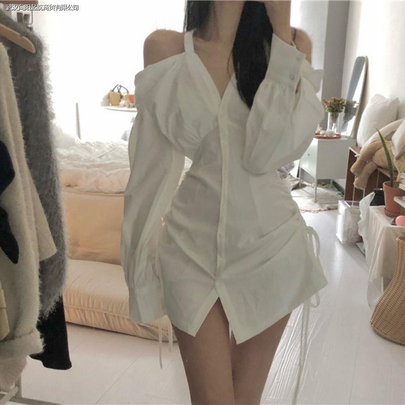 Đầm Sơ Mi Trắng Dài Tay Cổ Chữ v Trễ Vai Eo Rút Dây Thời Trang Cho Nữ