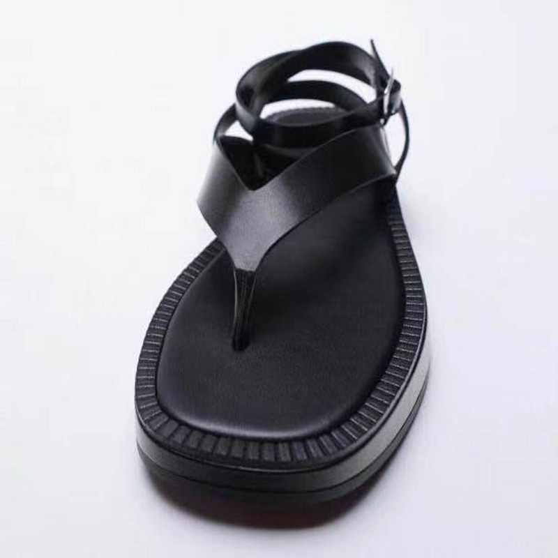 Giày Sandal Xỏ Ngón Đế Phẳng Dây Buộc Bằng Da Bò Màu Đen Mùa Hè 21 Phong Cách Mới Cho Nữ P11H