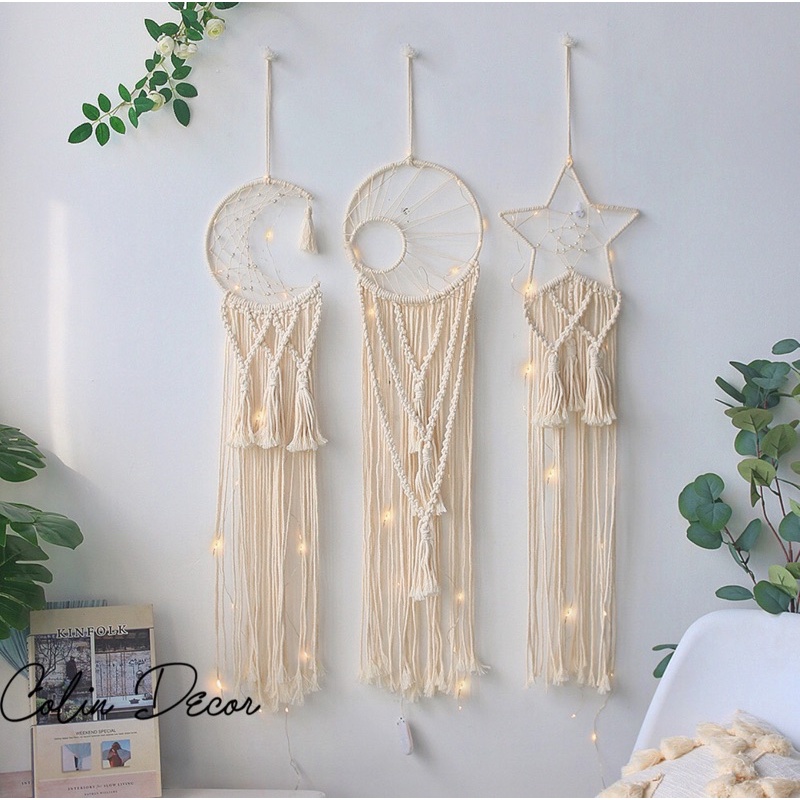 Dreamcatcher macrame treo tường decor - tặng kèm đèn trang trí