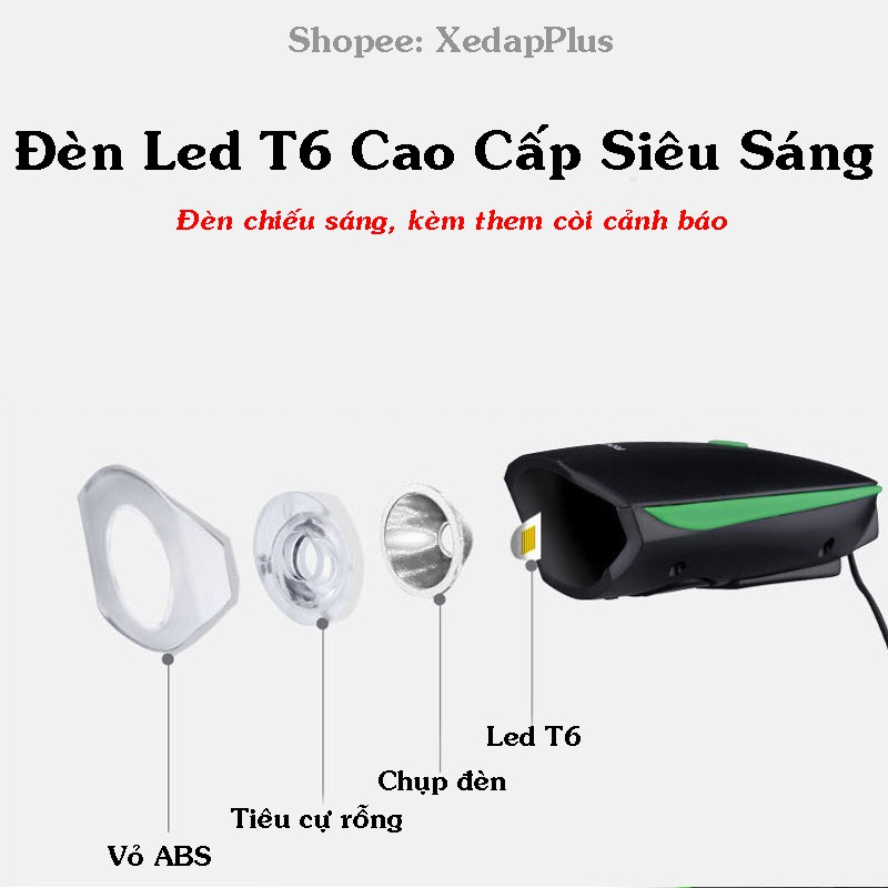 Đèn pin xe đạp thể thao siêu sáng có còi chống nước - Cao cấp, cổng sạc Usb, full hộp đầy đủ- D13