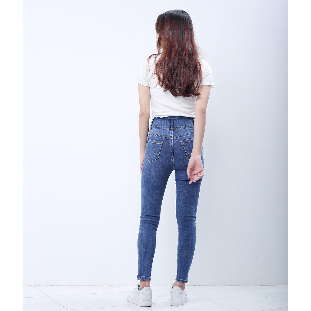Quần jeans dài nữ co giãn SAIGONJEAN cạp thường lưng lớn màu xanh nhạt trơn QD037