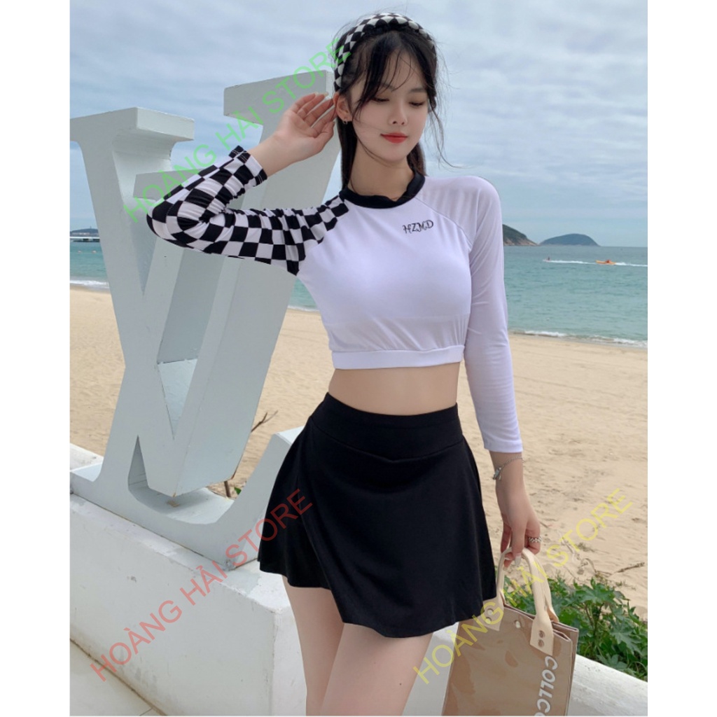 Bộ đồ bơi bikini kín đáo nữ hai mảnh đi tắm biển áo dài tay kèm váy - B34