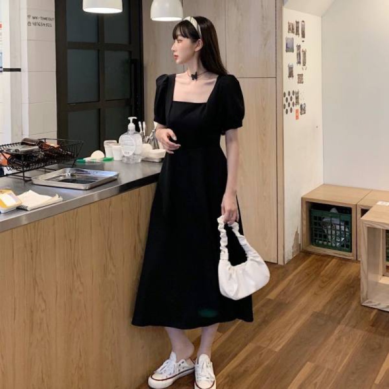 Đầm Đen Cổ Vuông Tay Ngắn Dáng Ôm Phong Cách Pháp Thời Trang Mùa Hè Cho Nữ Size L-5xl