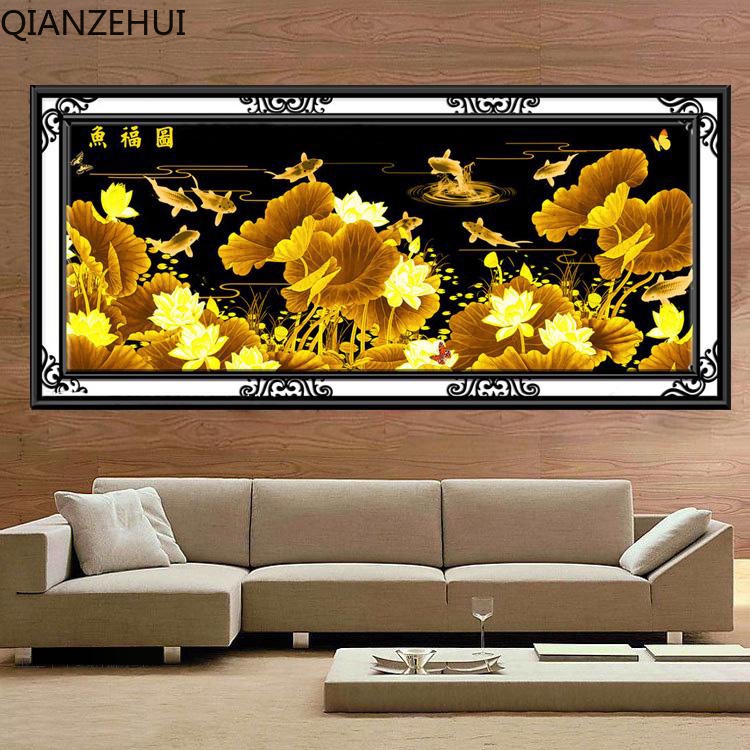 Bộ Tranh Thêu Chữ Thập 11CT DIY Hình Chín Con Cá Và Hoa Sen Vàng Bằng Chất Liệu Cotton