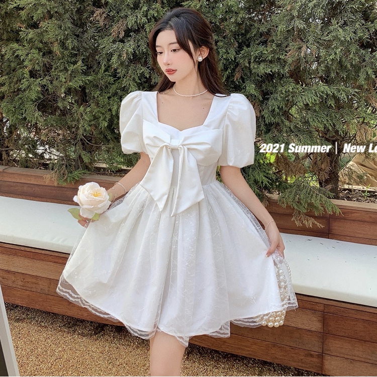 Đầm Công Chúa Mùa Hè Phối Ren Lưới Thắt Nơ Phong Cách Ngọt Ngào Phong Cách Mới Cho Bé Gái