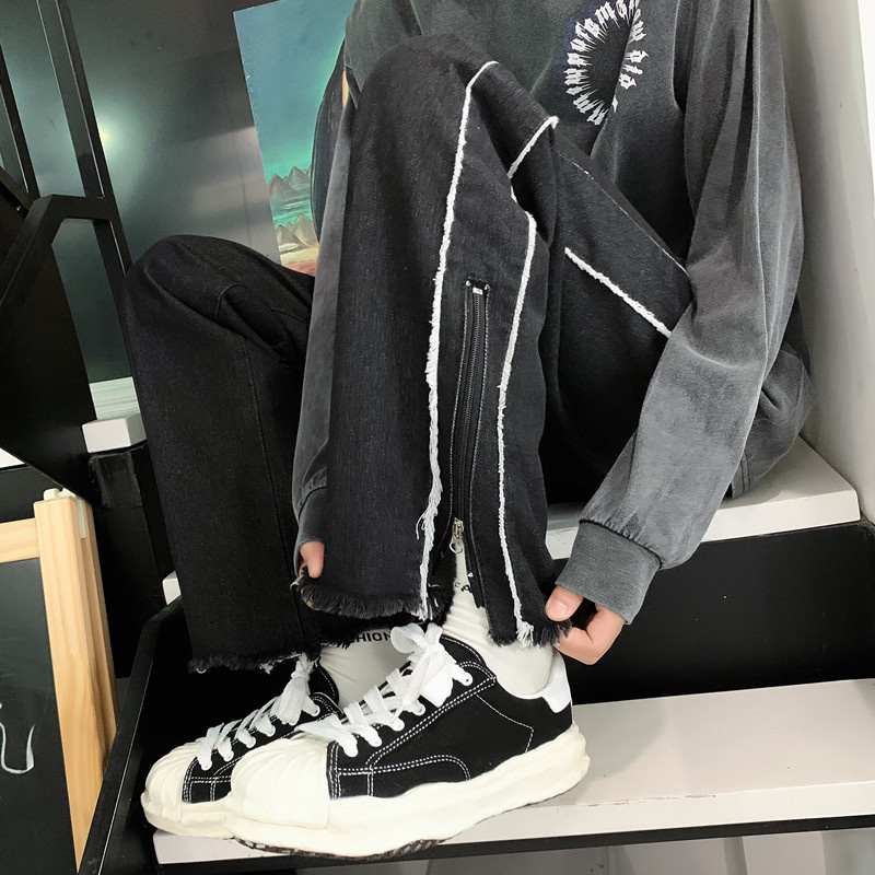 Quần jean dài dáng suông rộng phối xẻ tà có kháo kéo kẻ sọc phong cách trẻ trung cá tính cho nam