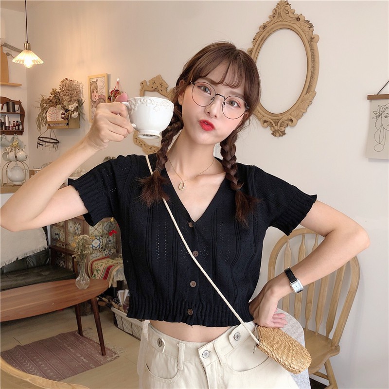 Áo croptop dệt kim tay ngắn thời trang quyến rũ cho nữ | BigBuy360 - bigbuy360.vn