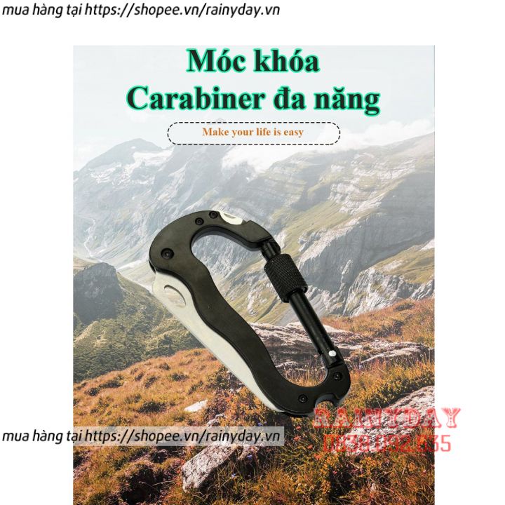 Móc khóa đa năng chữ D, móc carabiner xoay bằng nhôm đi phượt du lịch leo núi sinh tồn có dao