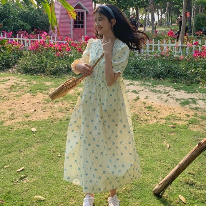 Women's Small Lace Super Floral Dress Student Korean Style Lace-up Slimmer College Style Mid-Length Skirt