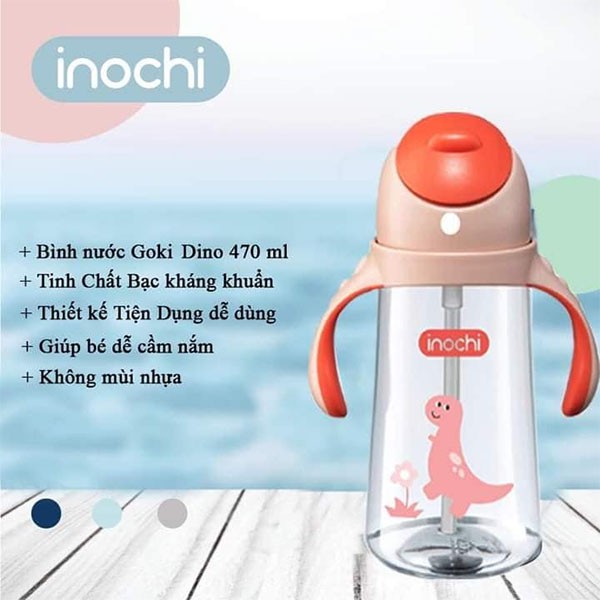 Bình Nước Goki Dino 470ml Có Tay Cầm Cho Bé, Bình Đựng Nước Cho Bé Có Ống Hút