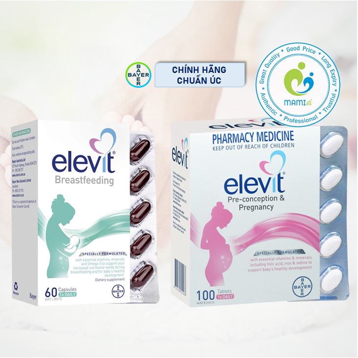 Vitamin bầu bú  bổ sung vitamin A, B, C, D, E, B9, canxi, kẽm cho mẹ bầu và mẹ sau sinh Elevit, Úc