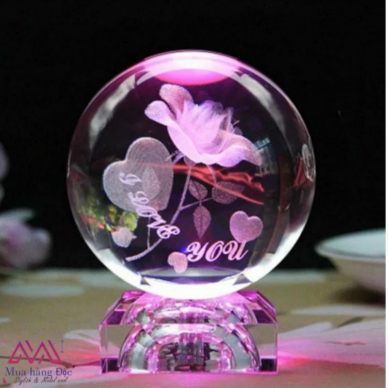 Quà tặng pha lê 🎁🎁 Bộ Quả Cầu khắc 3D hoa hồng I Love You led