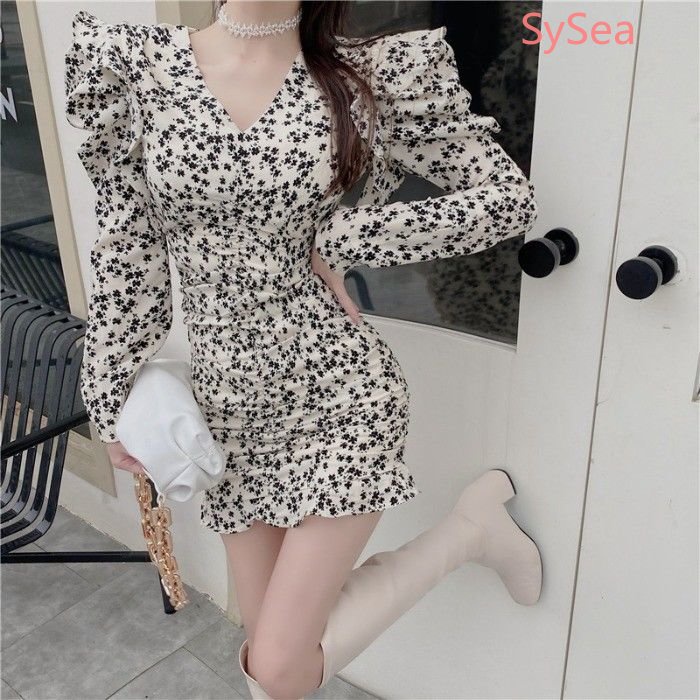 Đầm Hoa Cổ Chữ V Ôm Dáng Thời Trang Mùa Thu Dành Cho Nữ