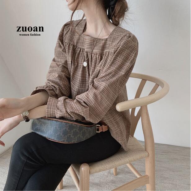 SUXI Áo tay dài form rộng họa tiết kẻ ca rô trẻ trung cho nữ