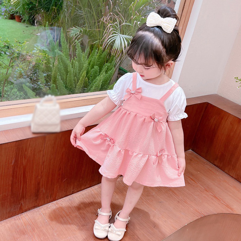 Đầm Công Chúa Tay Ngắn Màu Sắc Trơn Đính Nơ Phong Cách Hàn Quốc Thời Trang Mùa Hè Dành Cho Bé Gái Se7en