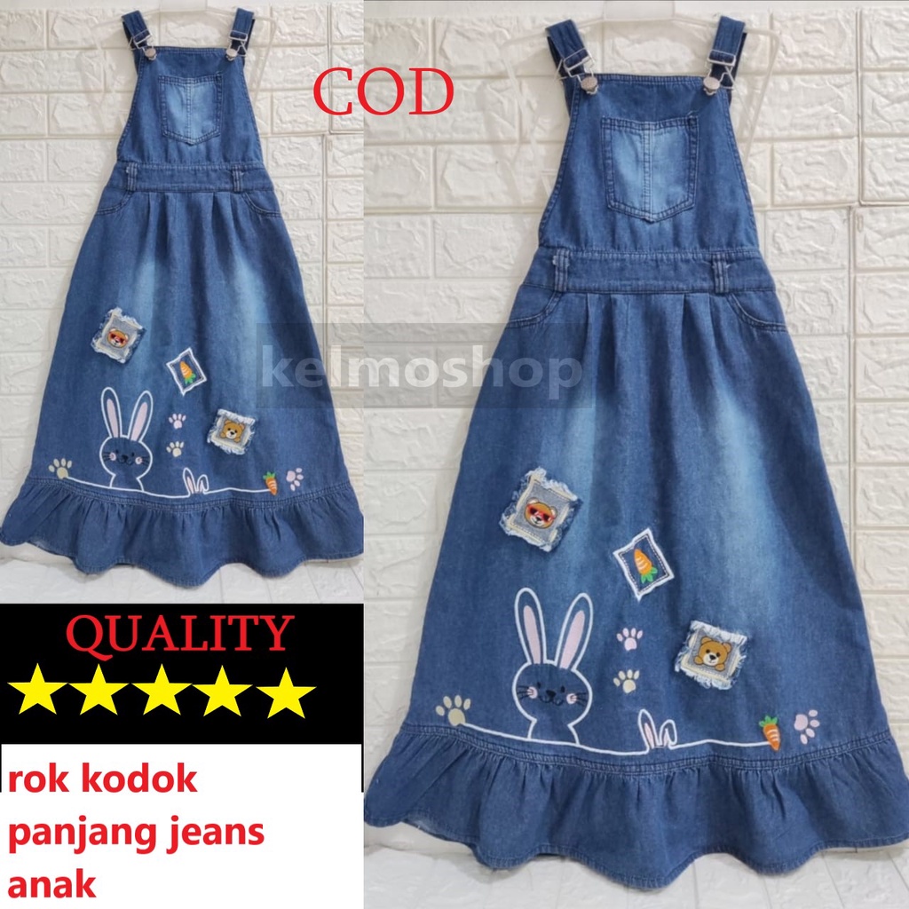 Bộ Áo Liền Quần + Chân Váy Jean Dài In Họa Tiết Thỏ / Gấu Chất Lượng Cao Cho Bé 7-13 Tuổi